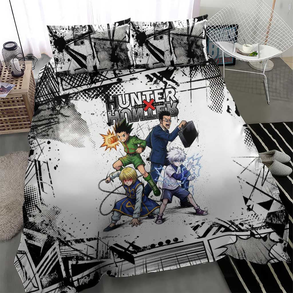 Main Characters Monochrome Graffiti Style Bedding Set with Gon Killua Kurapika and Leorio Team Design - The Mazicc