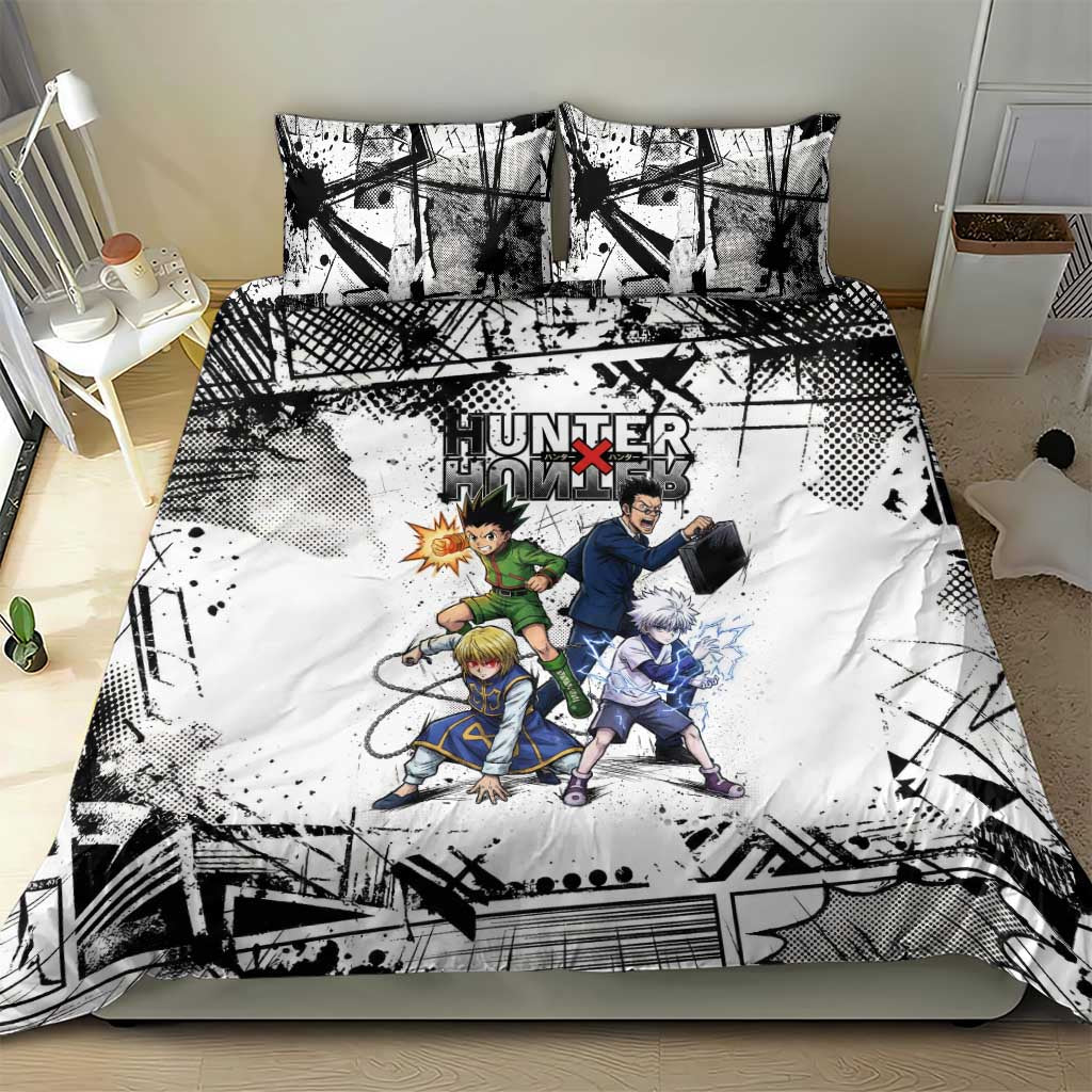Main Characters Monochrome Graffiti Style Bedding Set with Gon Killua Kurapika and Leorio Team Design - The Mazicc