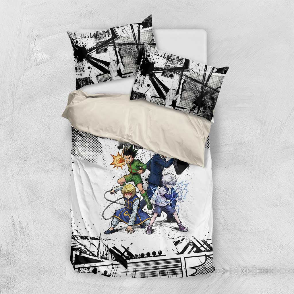 Main Characters Monochrome Graffiti Style Bedding Set with Gon Killua Kurapika and Leorio Team Design - The Mazicc
