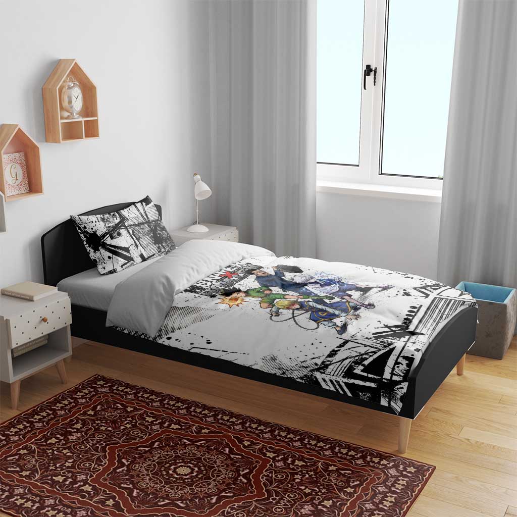 Main Characters Monochrome Graffiti Style Bedding Set with Gon Killua Kurapika and Leorio Team Design - The Mazicc