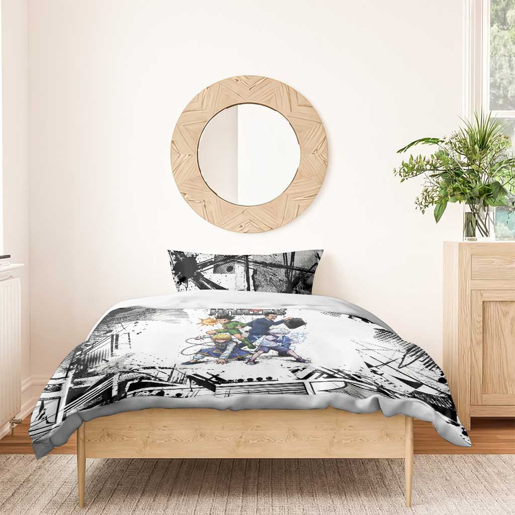Main Characters Monochrome Graffiti Style Bedding Set with Gon Killua Kurapika and Leorio Team Design - The Mazicc