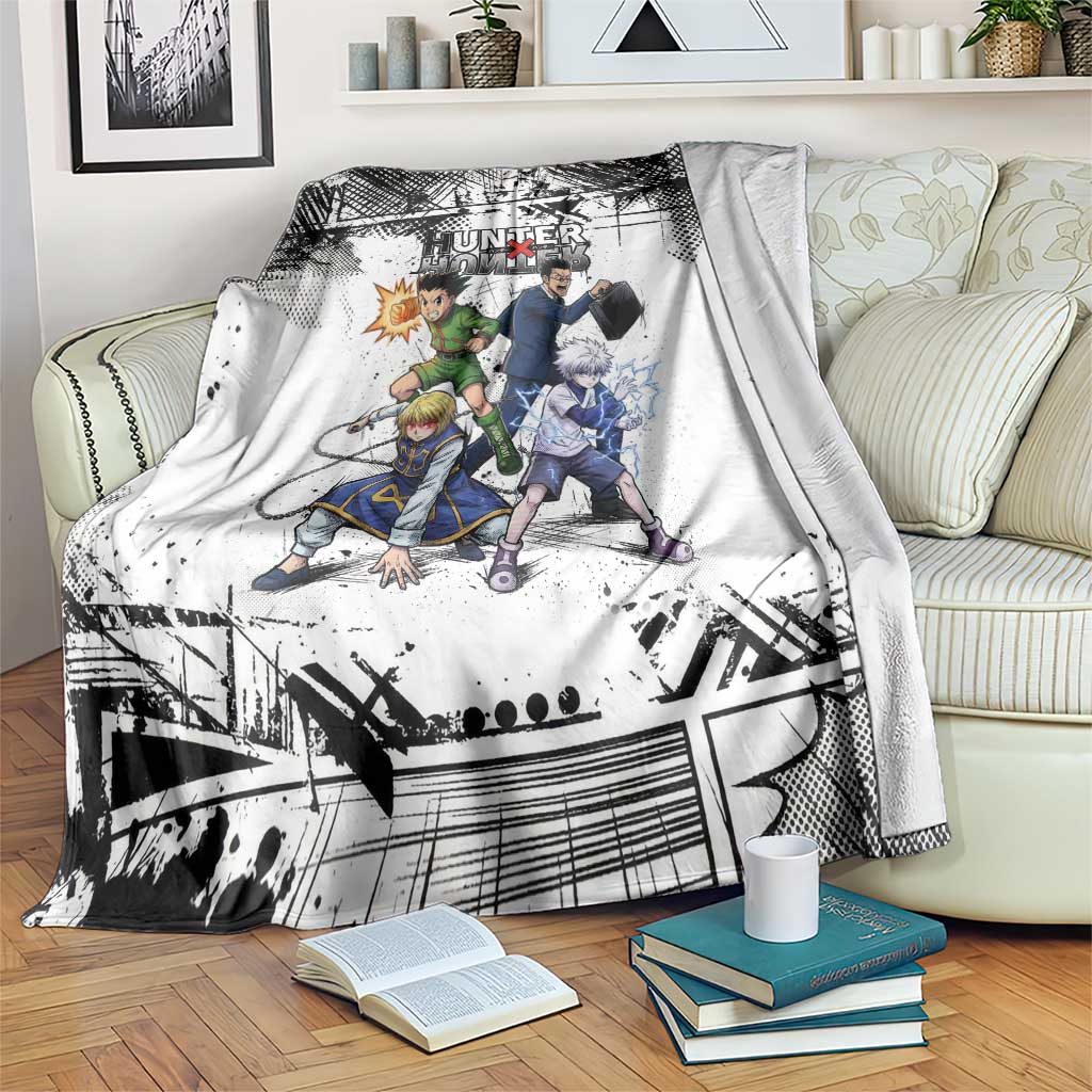 Main Characters Monochrome Graffiti Style Blanket with Gon Killua Kurapika and Leorio Team Design - The Mazicc