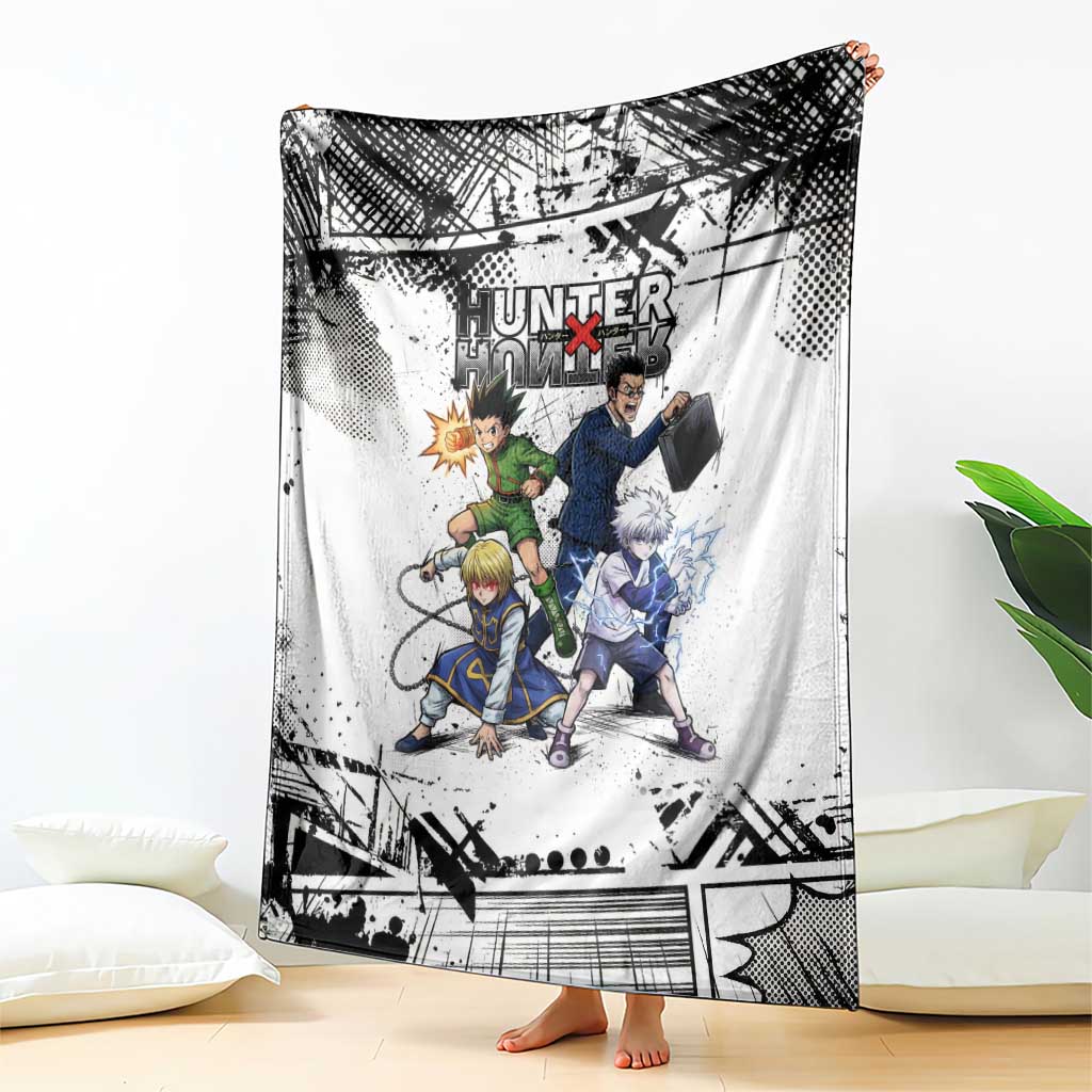 Main Characters Monochrome Graffiti Style Blanket with Gon Killua Kurapika and Leorio Team Design - The Mazicc