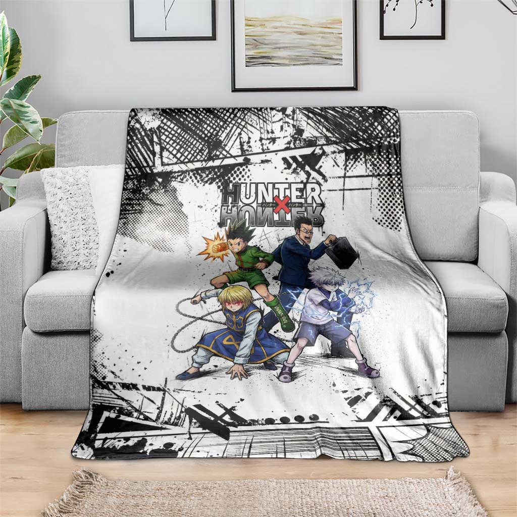 Main Characters Monochrome Graffiti Style Blanket with Gon Killua Kurapika and Leorio Team Design - The Mazicc