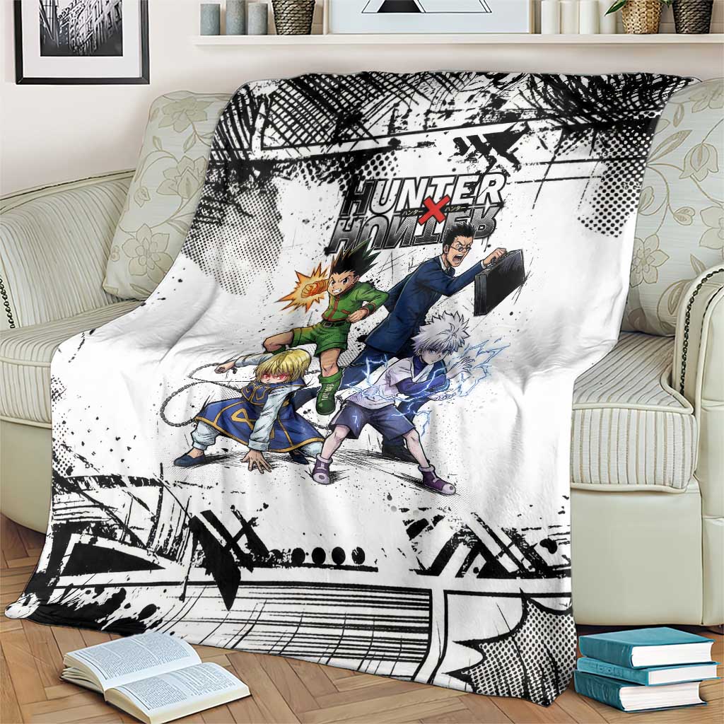 Main Characters Monochrome Graffiti Style Blanket with Gon Killua Kurapika and Leorio Team Design - The Mazicc
