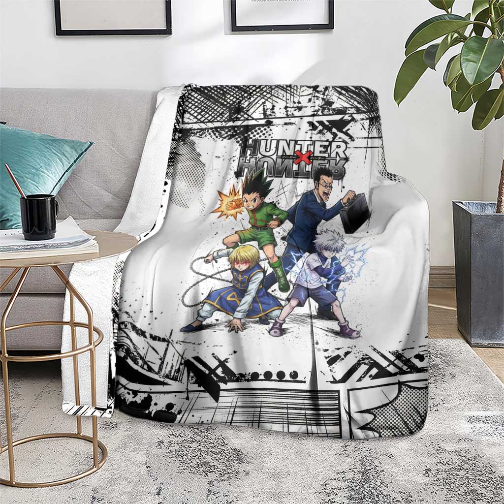 Main Characters Monochrome Graffiti Style Blanket with Gon Killua Kurapika and Leorio Team Design - The Mazicc