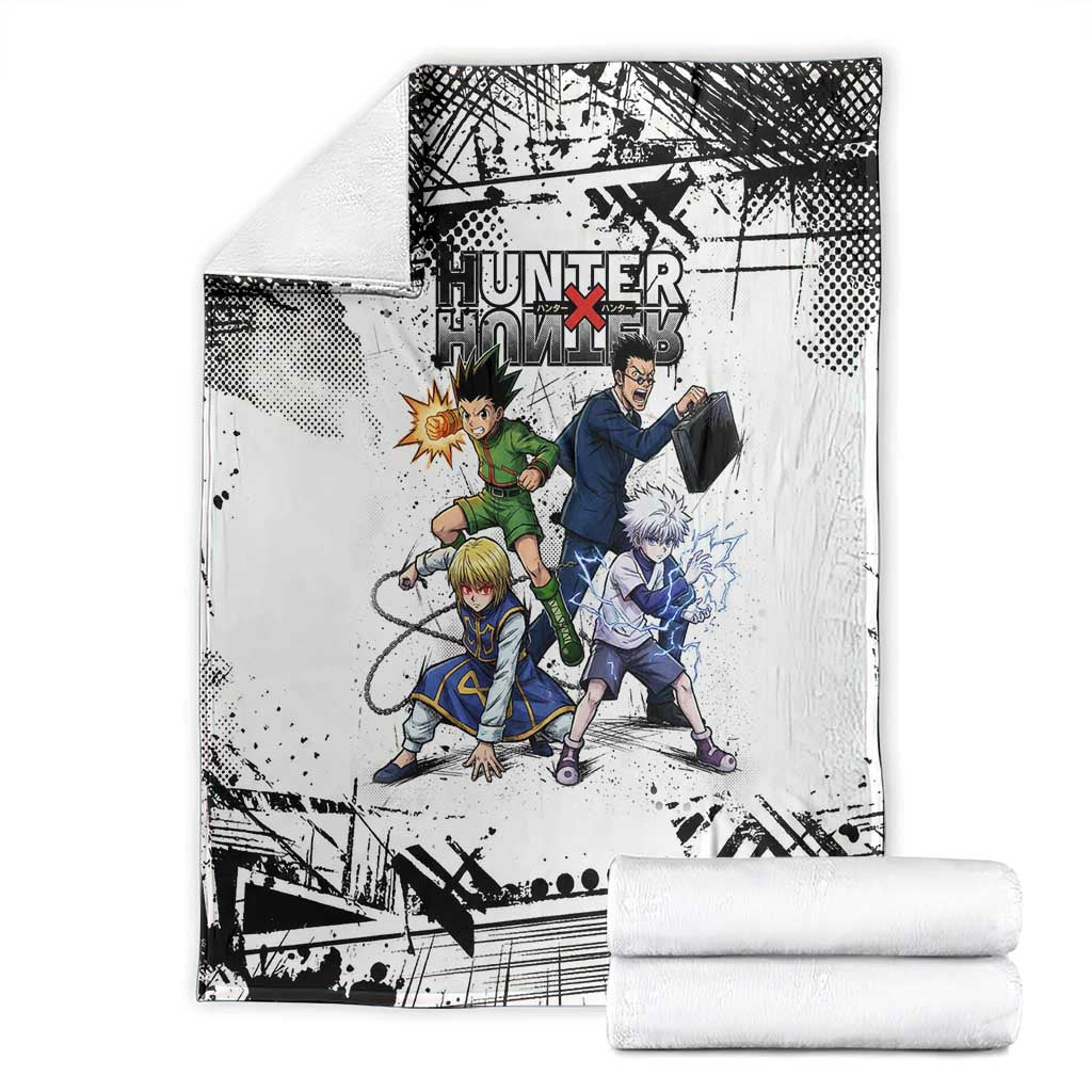 Main Characters Monochrome Graffiti Style Blanket with Gon Killua Kurapika and Leorio Team Design - The Mazicc