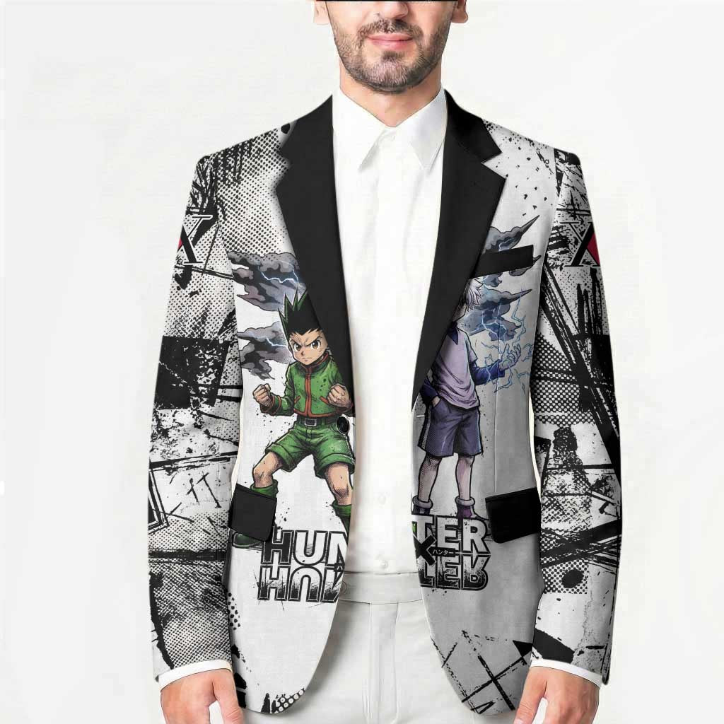 Main Characters Monochrome Graffiti Style Blazer with Gon Killua Kurapika and Leorio Team Design - The Mazicc