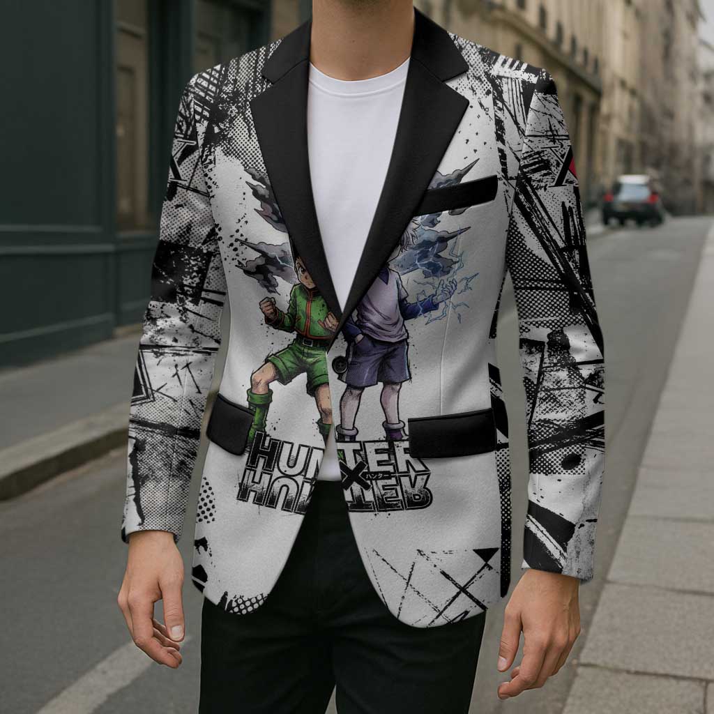 Main Characters Monochrome Graffiti Style Blazer with Gon Killua Kurapika and Leorio Team Design - The Mazicc