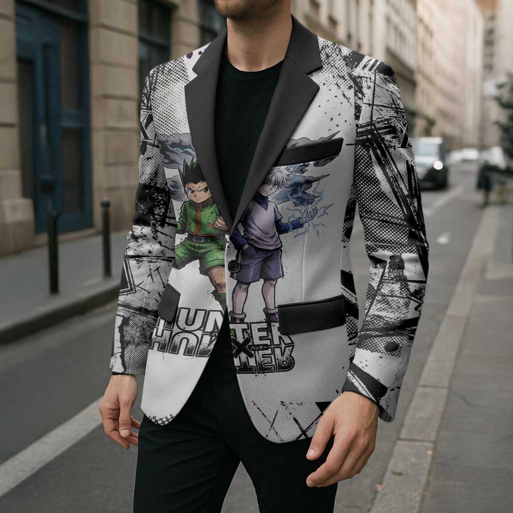 Main Characters Monochrome Graffiti Style Blazer with Gon Killua Kurapika and Leorio Team Design - The Mazicc