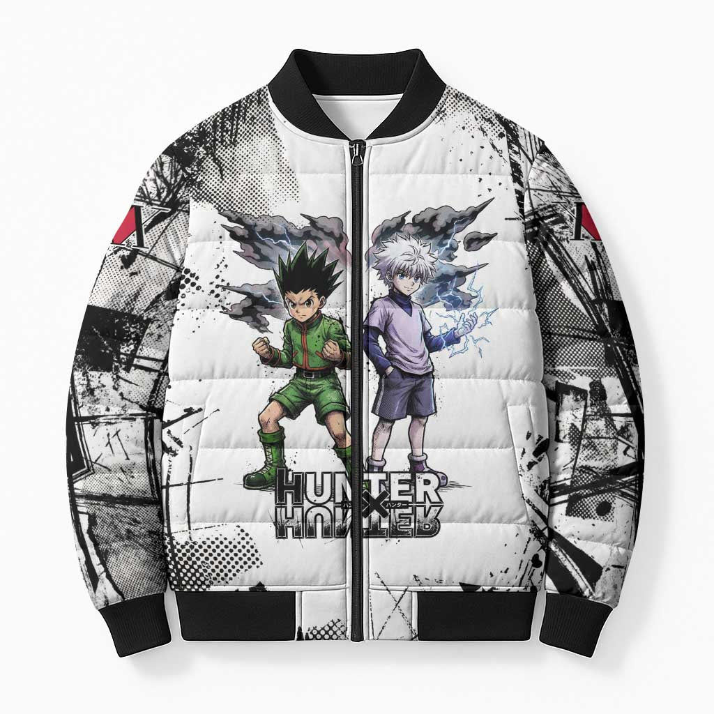 Main Characters Monochrome Graffiti Style Bomber Puffer Jacket with Gon Killua Kurapika and Leorio Team Design - The Mazicc