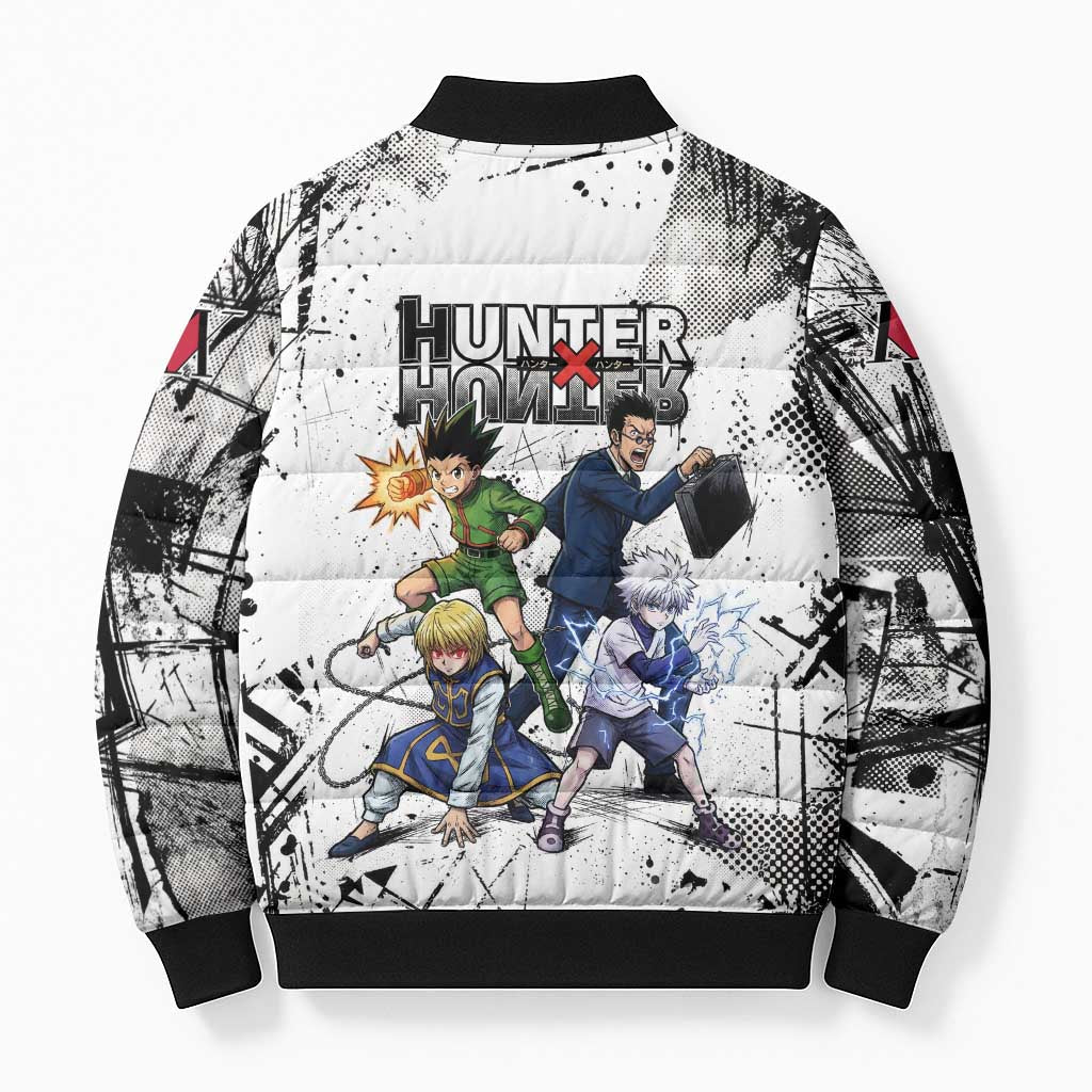 Main Characters Monochrome Graffiti Style Bomber Puffer Jacket with Gon Killua Kurapika and Leorio Team Design - The Mazicc
