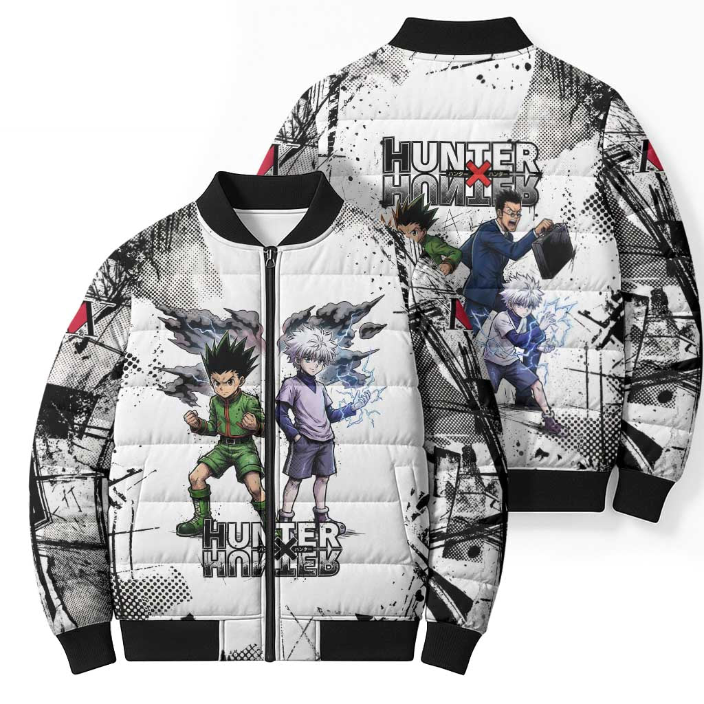 Main Characters Monochrome Graffiti Style Bomber Puffer Jacket with Gon Killua Kurapika and Leorio Team Design - The Mazicc