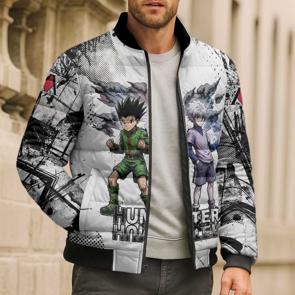 Main Characters Monochrome Graffiti Style Bomber Puffer Jacket with Gon Killua Kurapika and Leorio Team Design - The Mazicc