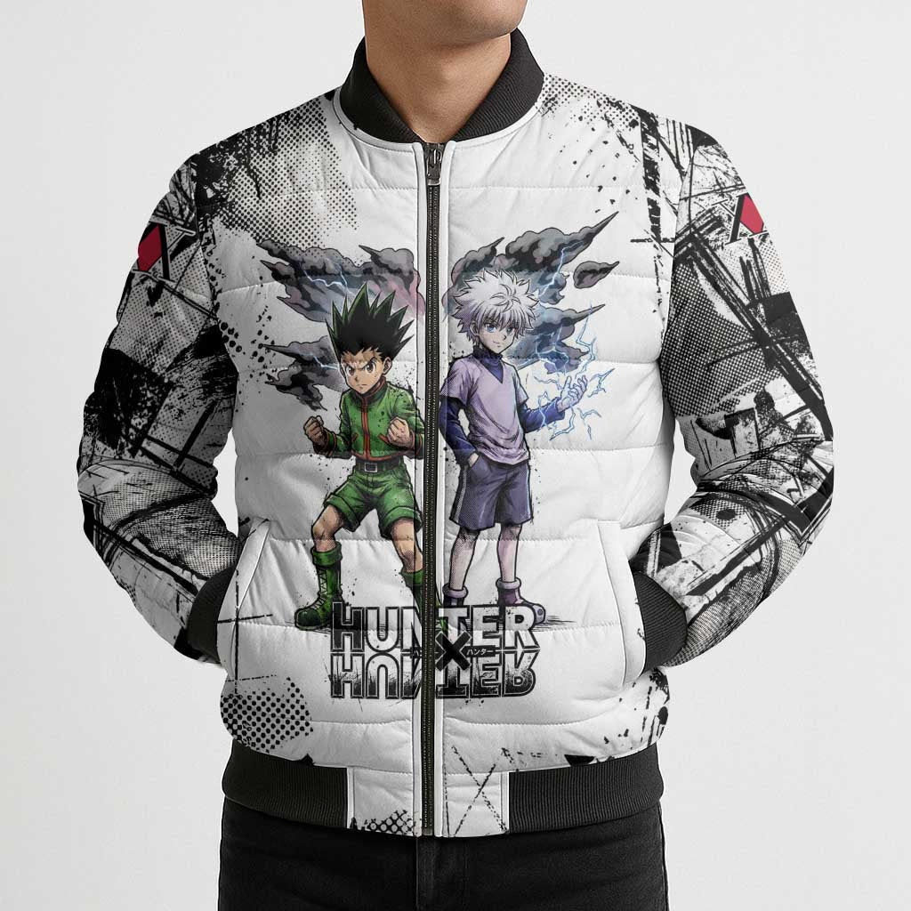 Main Characters Monochrome Graffiti Style Bomber Puffer Jacket with Gon Killua Kurapika and Leorio Team Design - The Mazicc