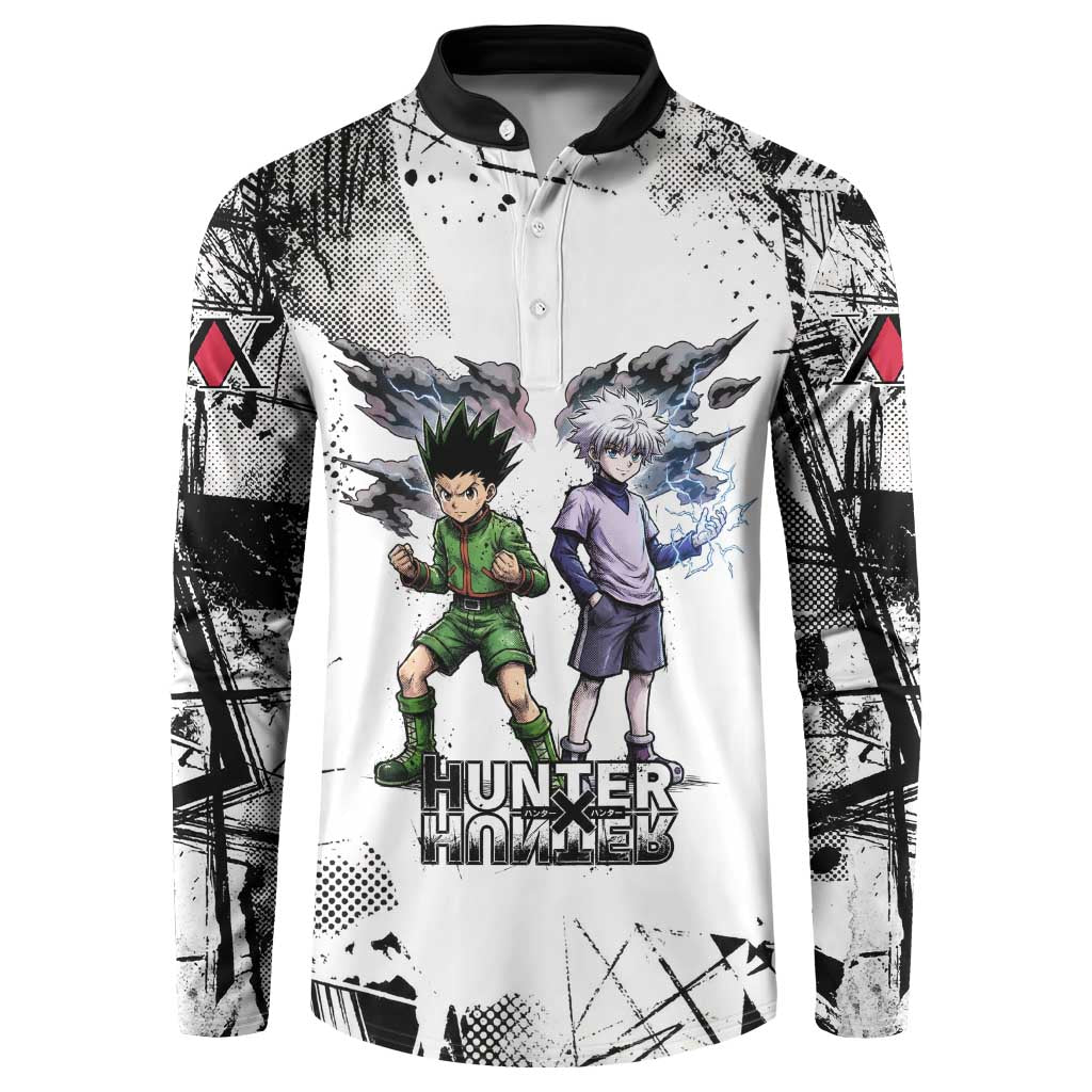 Main Characters Monochrome Graffiti Style Button Sweatshirt with Gon Killua Kurapika and Leorio Team Design - The Mazicc