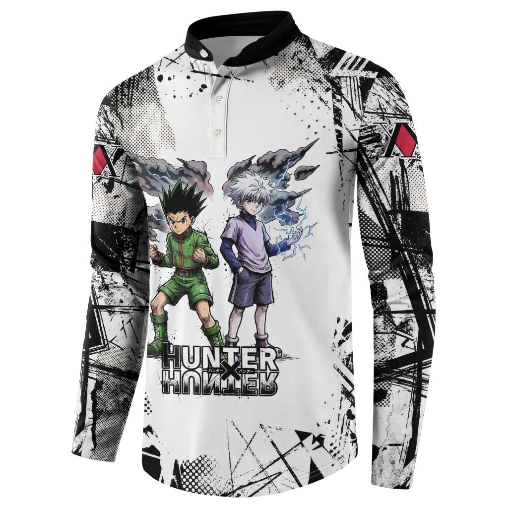 Main Characters Monochrome Graffiti Style Button Sweatshirt with Gon Killua Kurapika and Leorio Team Design - The Mazicc