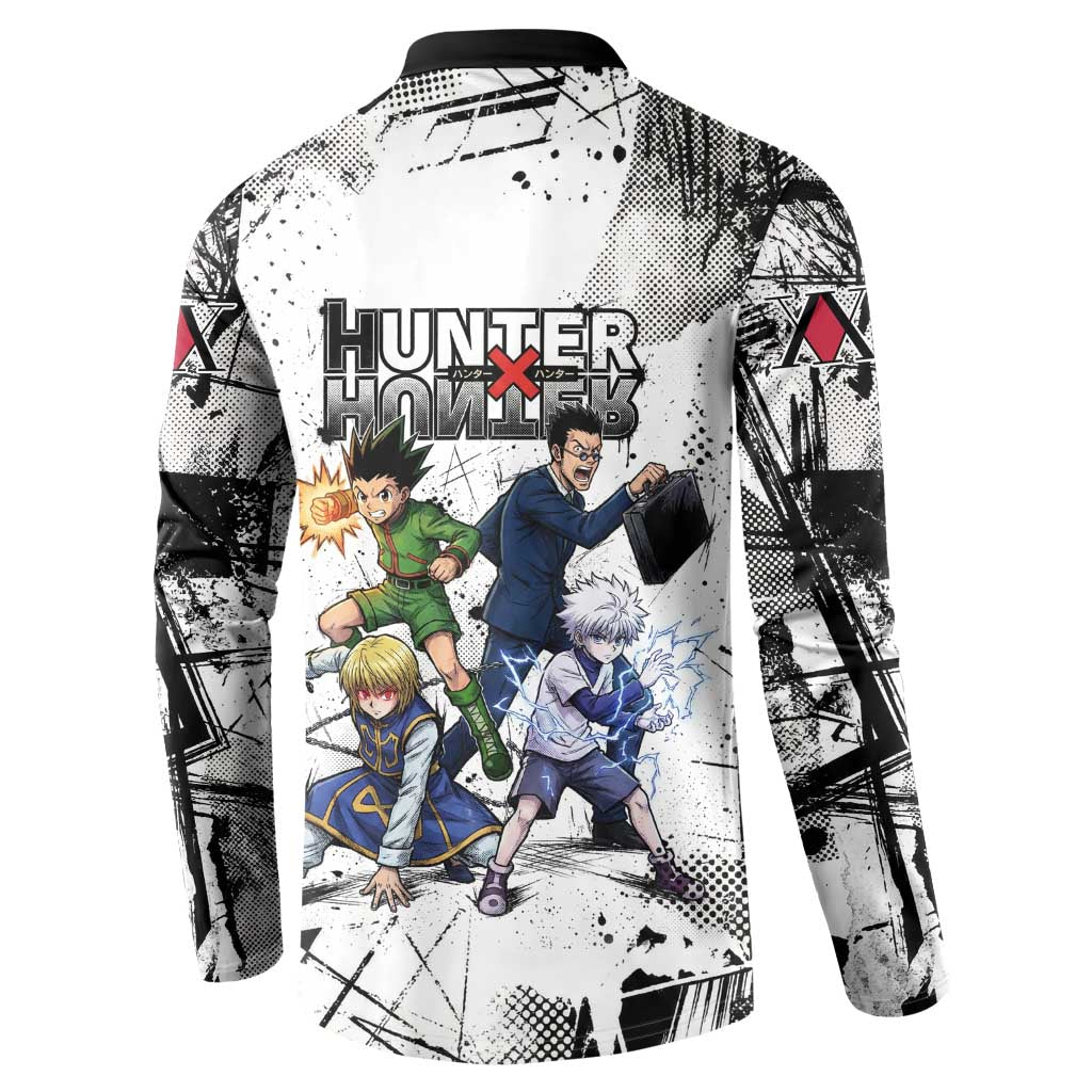 Main Characters Monochrome Graffiti Style Button Sweatshirt with Gon Killua Kurapika and Leorio Team Design - The Mazicc