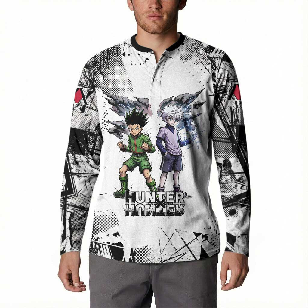 Main Characters Monochrome Graffiti Style Button Sweatshirt with Gon Killua Kurapika and Leorio Team Design - The Mazicc
