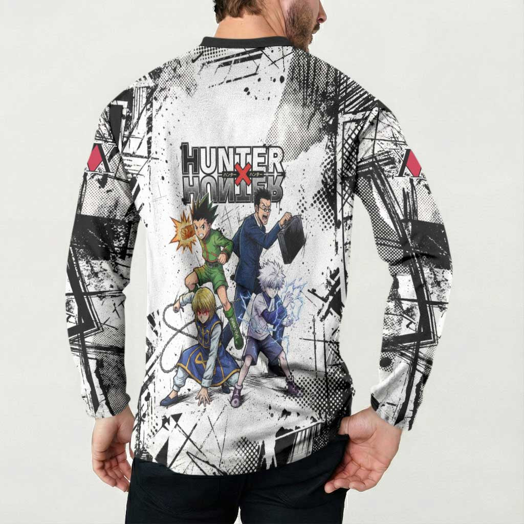 Main Characters Monochrome Graffiti Style Button Sweatshirt with Gon Killua Kurapika and Leorio Team Design - The Mazicc