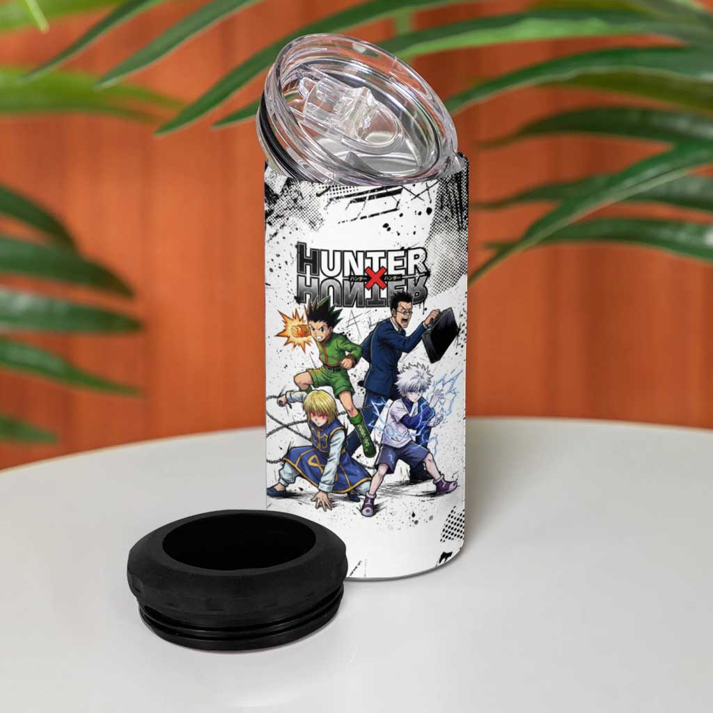 Main Characters Monochrome Graffiti Style 4 in 1 Can Cooler Tumbler with Gon Killua Kurapika and Leorio Team Design - The Mazicc