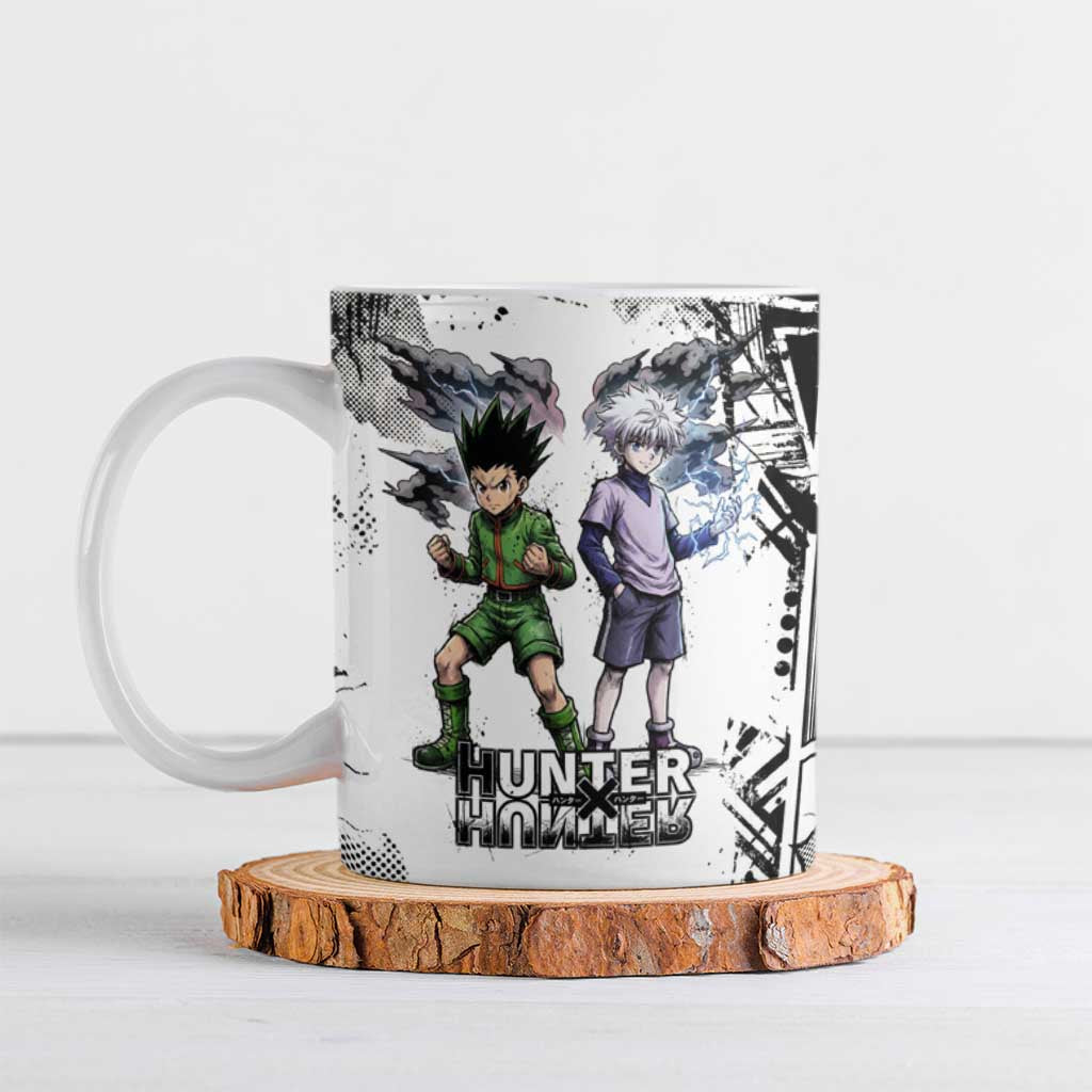 Main Characters Monochrome Graffiti Style Ceramic Mug with Gon Killua Kurapika and Leorio Team Design - The Mazicc
