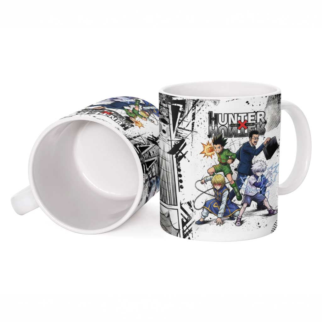 Main Characters Monochrome Graffiti Style Ceramic Mug with Gon Killua Kurapika and Leorio Team Design - The Mazicc