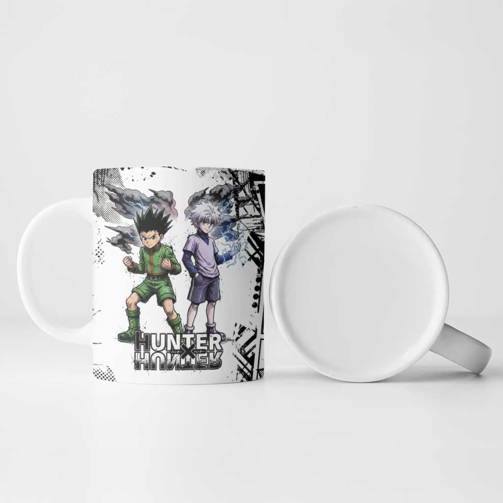 Main Characters Monochrome Graffiti Style Ceramic Mug with Gon Killua Kurapika and Leorio Team Design - The Mazicc