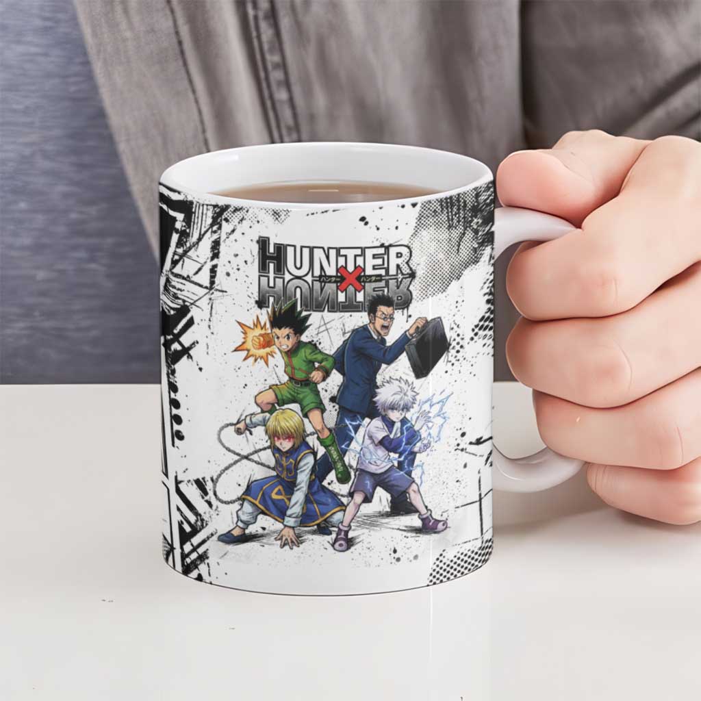 Main Characters Monochrome Graffiti Style Ceramic Mug with Gon Killua Kurapika and Leorio Team Design - The Mazicc