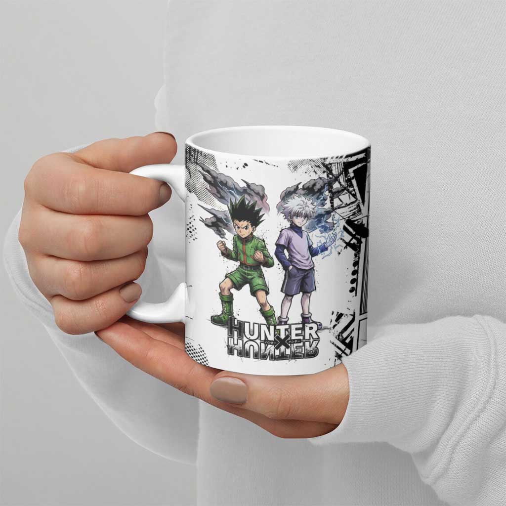 Main Characters Monochrome Graffiti Style Ceramic Mug with Gon Killua Kurapika and Leorio Team Design - The Mazicc