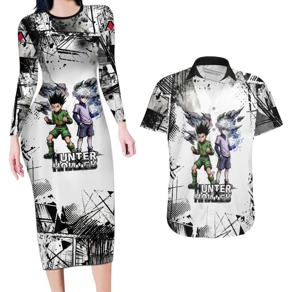 Main Characters Monochrome Graffiti Style Couples Matching Long Sleeve Bodycon Dress and Hawaiian Shirt with Gon Killua Kurapika and Leorio Team Design - The Mazicc