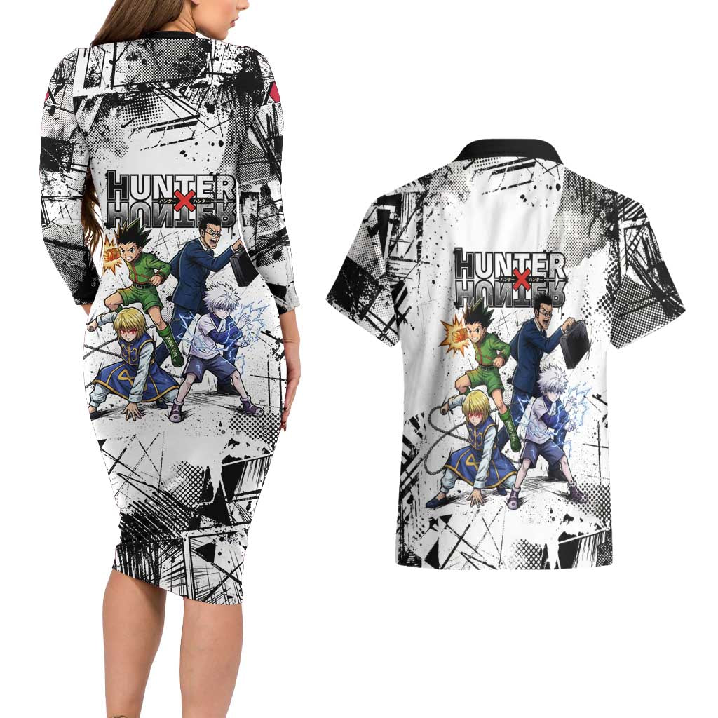 Main Characters Monochrome Graffiti Style Couples Matching Long Sleeve Bodycon Dress and Hawaiian Shirt with Gon Killua Kurapika and Leorio Team Design - The Mazicc