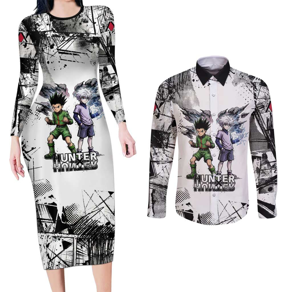 Main Characters Monochrome Graffiti Style Couples Matching Long Sleeve Bodycon Dress and Long Sleeve Button Shirt with Gon Killua Kurapika and Leorio Team Design - The Mazicc