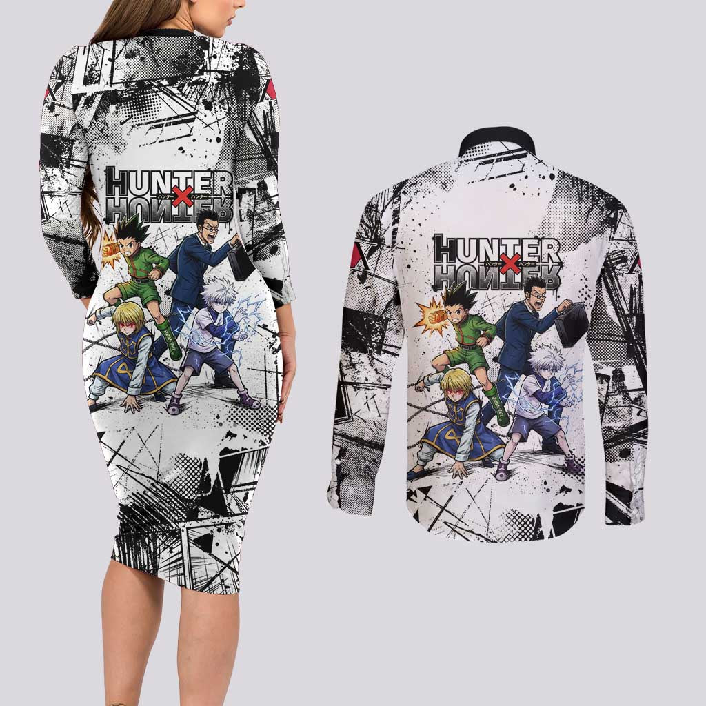 Main Characters Monochrome Graffiti Style Couples Matching Long Sleeve Bodycon Dress and Long Sleeve Button Shirt with Gon Killua Kurapika and Leorio Team Design - The Mazicc