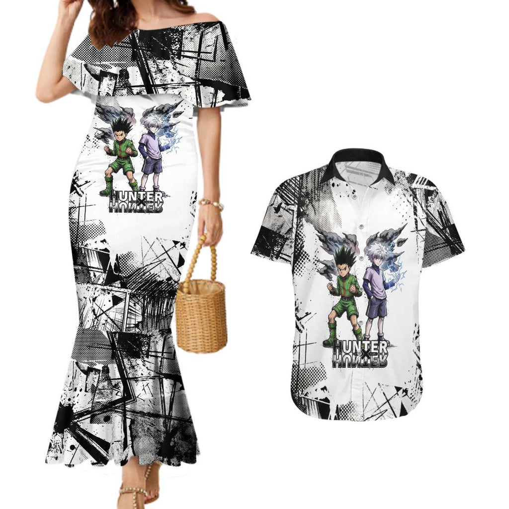 Main Characters Monochrome Graffiti Style Couples Matching Mermaid Dress and Hawaiian Shirt with Gon Killua Kurapika and Leorio Team Design - The Mazicc