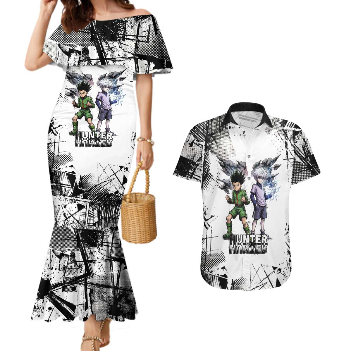 Main Characters Monochrome Graffiti Style Couples Matching Mermaid Dress and Hawaiian Shirt with Gon Killua Kurapika and Leorio Team Design - The Mazicc
