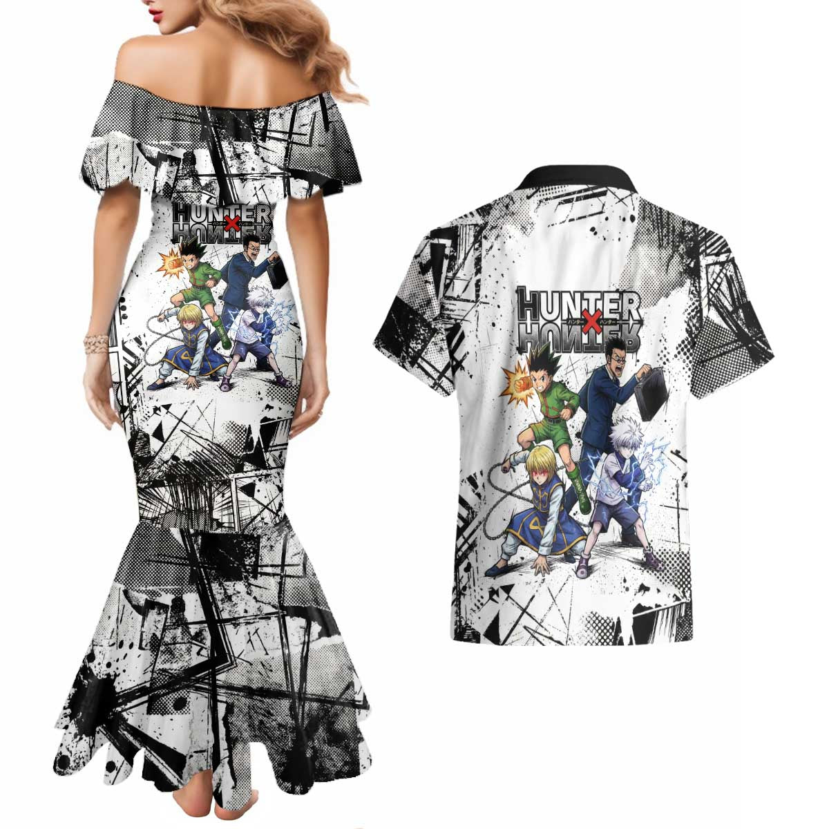 Main Characters Monochrome Graffiti Style Couples Matching Mermaid Dress and Hawaiian Shirt with Gon Killua Kurapika and Leorio Team Design - The Mazicc