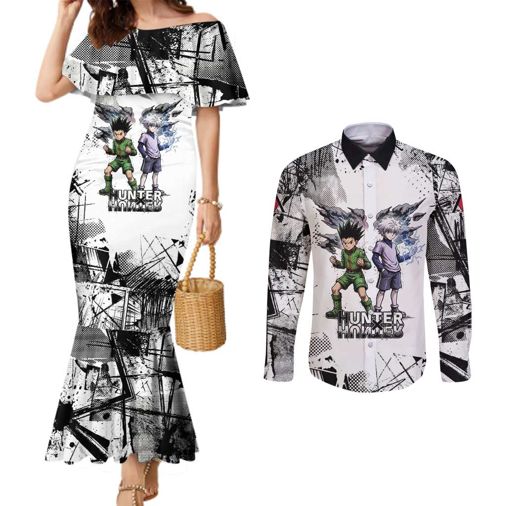 Main Characters Monochrome Graffiti Style Couples Matching Mermaid Dress and Long Sleeve Button Shirt with Gon Killua Kurapika and Leorio Team Design - The Mazicc