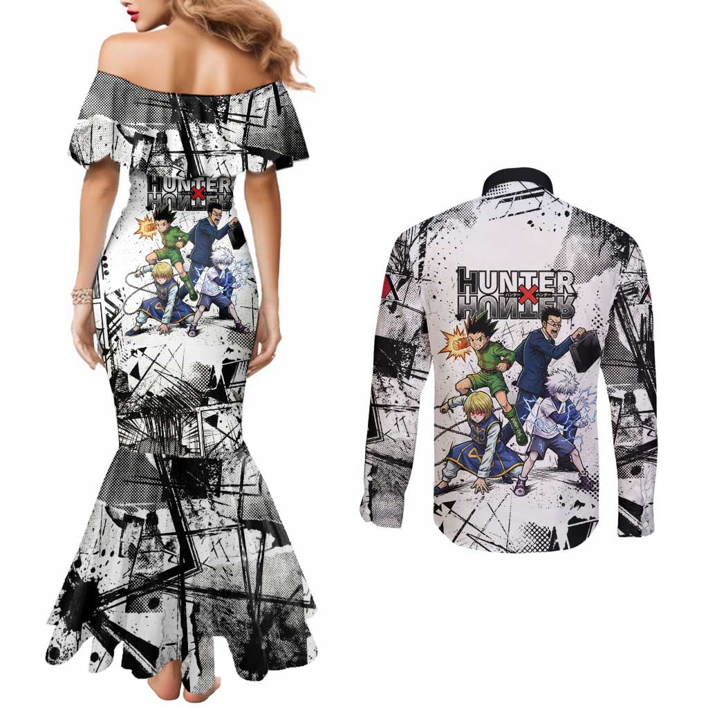 Main Characters Monochrome Graffiti Style Couples Matching Mermaid Dress and Long Sleeve Button Shirt with Gon Killua Kurapika and Leorio Team Design - The Mazicc