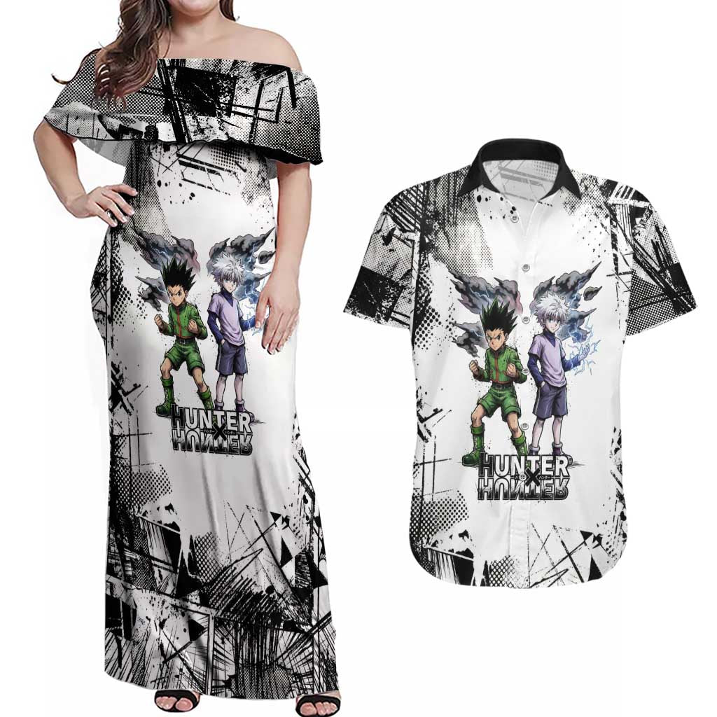 Main Characters Monochrome Graffiti Style Couples Matching Off Shoulder Maxi Dress and Hawaiian Shirt with Gon Killua Kurapika and Leorio Team Design - The Mazicc