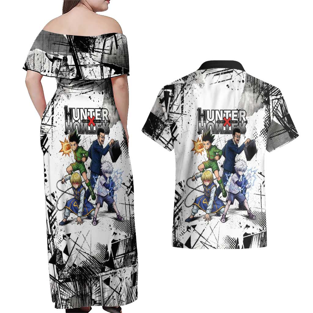 Main Characters Monochrome Graffiti Style Couples Matching Off Shoulder Maxi Dress and Hawaiian Shirt with Gon Killua Kurapika and Leorio Team Design - The Mazicc