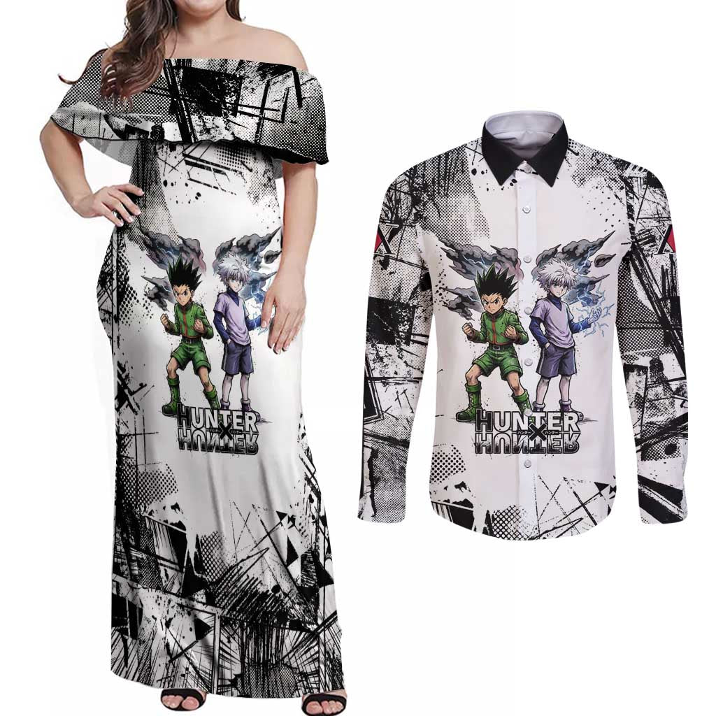 Main Characters Monochrome Graffiti Style Couples Matching Off Shoulder Maxi Dress and Long Sleeve Button Shirt with Gon Killua Kurapika and Leorio Team Design - The Mazicc