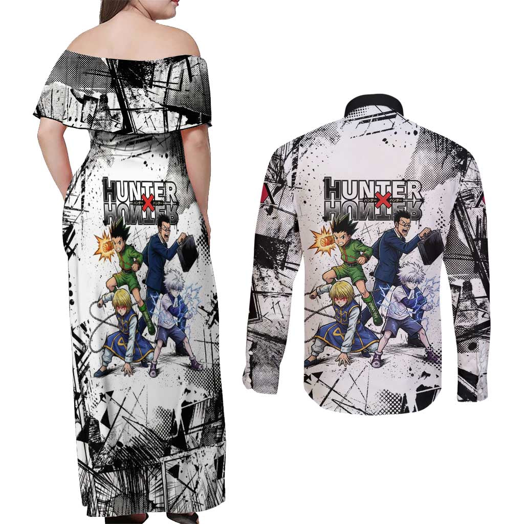 Main Characters Monochrome Graffiti Style Couples Matching Off Shoulder Maxi Dress and Long Sleeve Button Shirt with Gon Killua Kurapika and Leorio Team Design - The Mazicc