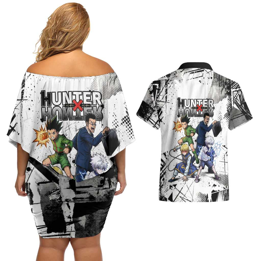 Main Characters Monochrome Graffiti Style Couples Matching Off Shoulder Short Dress and Hawaiian Shirt with Gon Killua Kurapika and Leorio Team Design - The Mazicc