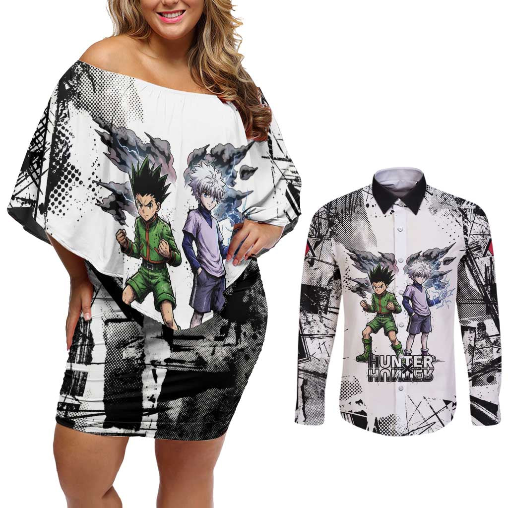 Main Characters Monochrome Graffiti Style Couples Matching Off Shoulder Short Dress and Long Sleeve Button Shirt with Gon Killua Kurapika and Leorio Team Design - The Mazicc