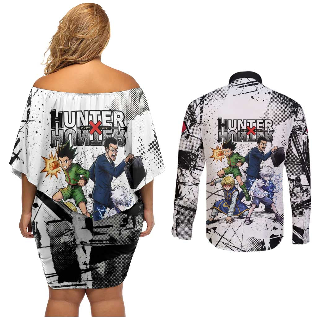 Main Characters Monochrome Graffiti Style Couples Matching Off Shoulder Short Dress and Long Sleeve Button Shirt with Gon Killua Kurapika and Leorio Team Design - The Mazicc