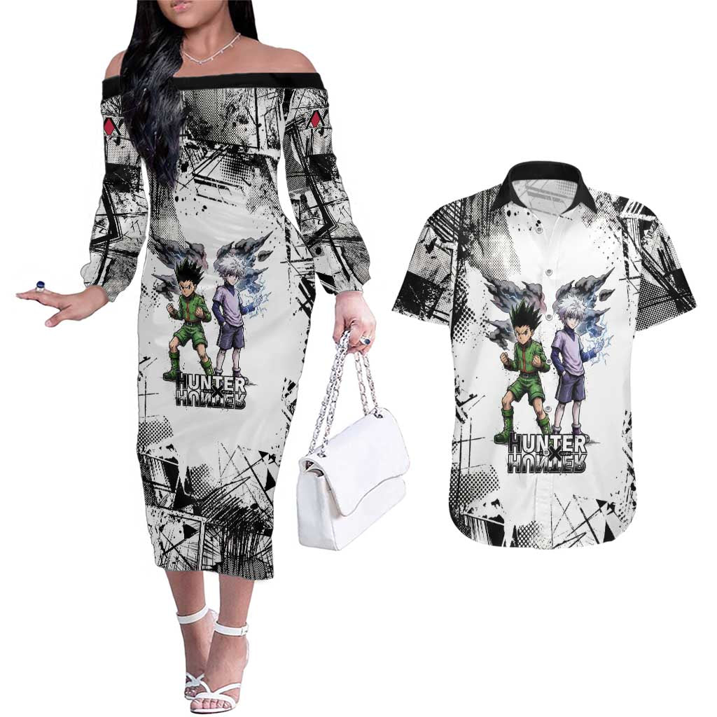 Main Characters Monochrome Graffiti Style Couples Matching Off The Shoulder Long Sleeve Dress and Hawaiian Shirt with Gon Killua Kurapika and Leorio Team Design - The Mazicc