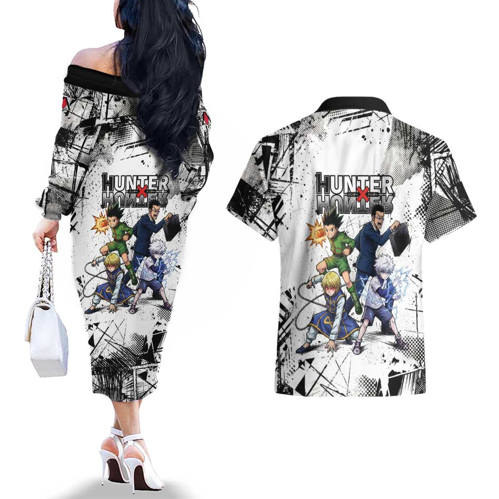 Main Characters Monochrome Graffiti Style Couples Matching Off The Shoulder Long Sleeve Dress and Hawaiian Shirt with Gon Killua Kurapika and Leorio Team Design - The Mazicc