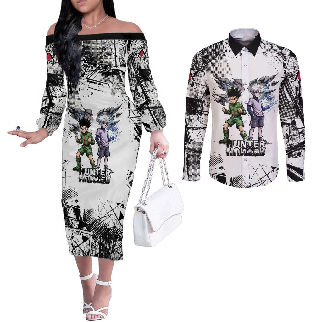 Main Characters Monochrome Graffiti Style Couples Matching Off The Shoulder Long Sleeve Dress and Long Sleeve Button Shirt with Gon Killua Kurapika and Leorio Team Design - The Mazicc
