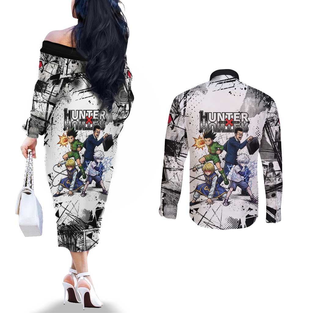 Main Characters Monochrome Graffiti Style Couples Matching Off The Shoulder Long Sleeve Dress and Long Sleeve Button Shirt with Gon Killua Kurapika and Leorio Team Design - The Mazicc